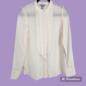 100% Silk H&M Cream Ivory Pintuck Bib Collar Gold Button Long Sleeve Blouse 4